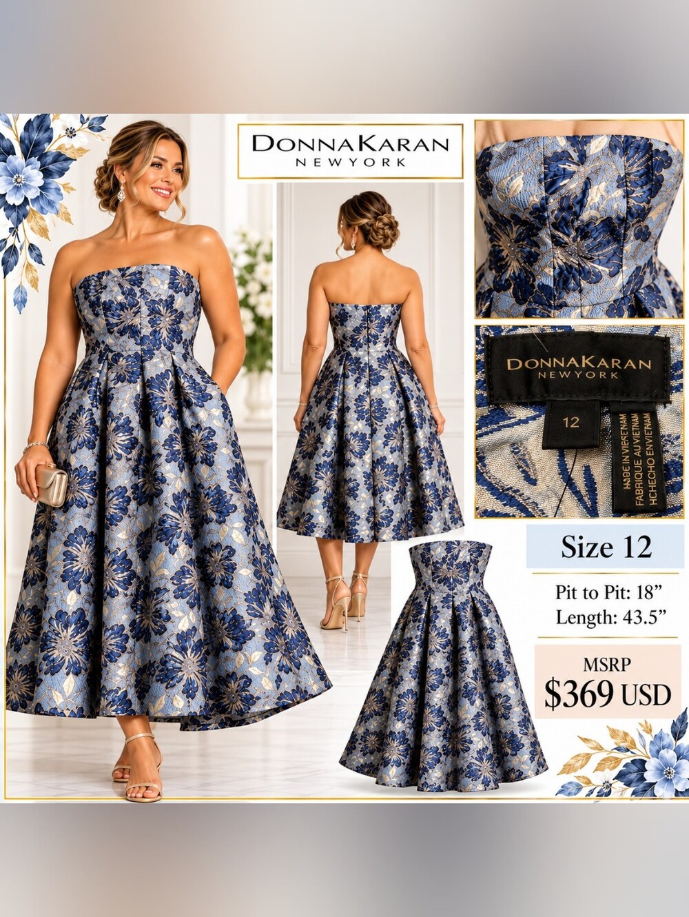 Donna Karan New York Blue & Gold Strapless Floral Midi Brocade Dress W/Pockets